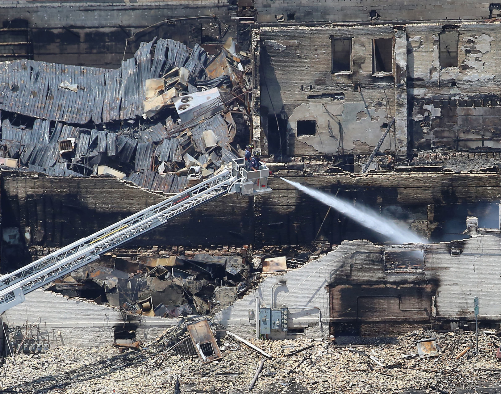 Firefighters working, viewed from above